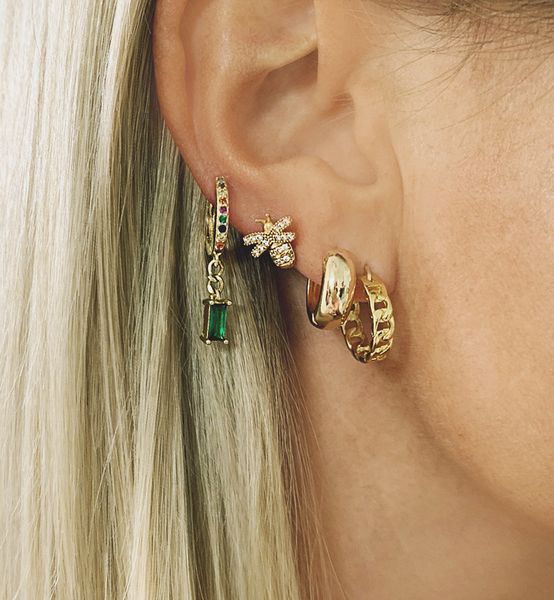 Ireland Green Baguette Gold-Plated Huggie Earring