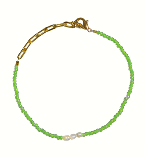 Brucie Green Glass & Pearl Bead Bracelet/Anklet