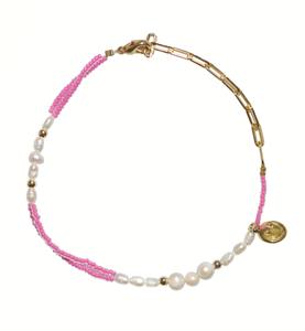 Franklin Gold Smiley Pink Glass & Pearl Bead Bracelet