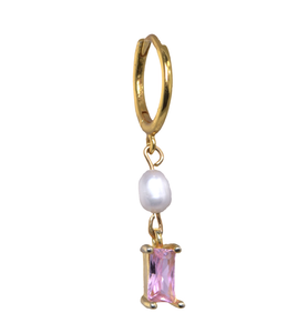 Camellia Pink Baguette Pearl Gold-Plated Earring