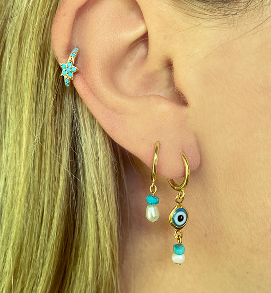 Evil Eye 001 18Kt Gold-Plated Turquoise Pearl Hoop Earrings